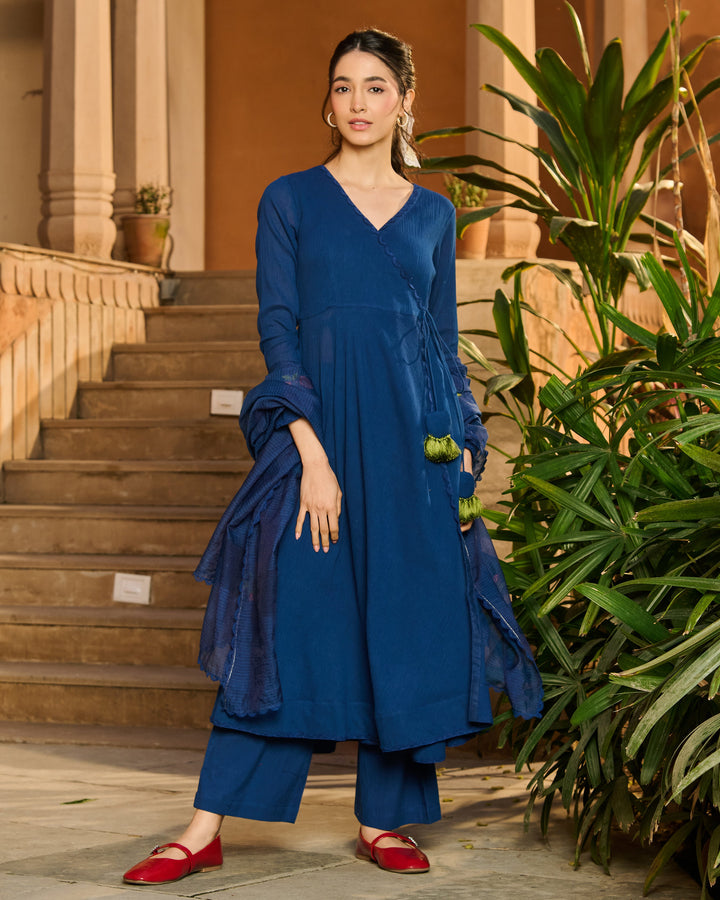 Spark Blue Embroidered Cotton Crush Suit Set