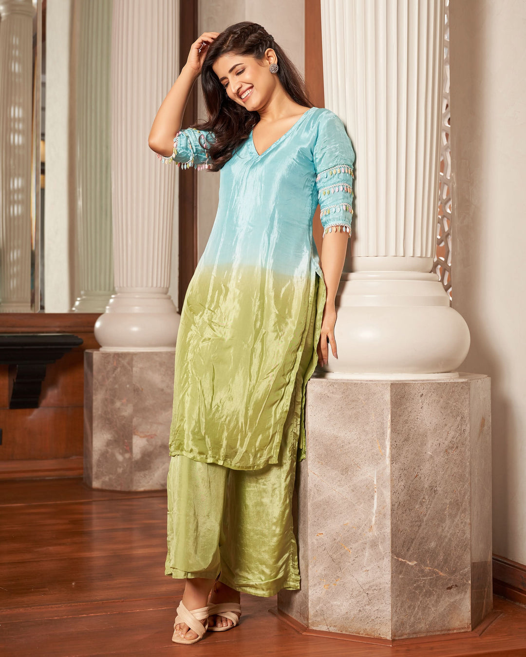 Matsya Blue Green Ombre Silk Kurta Set