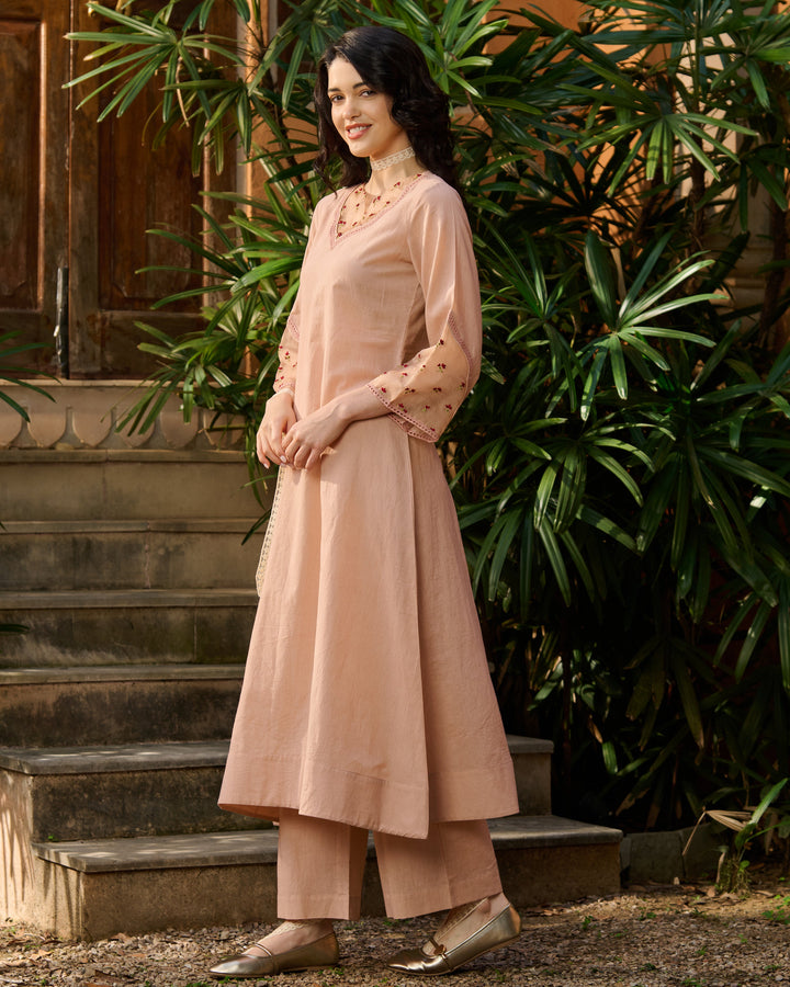 Zeena Peach Embroidered Cotton Kurta Set
