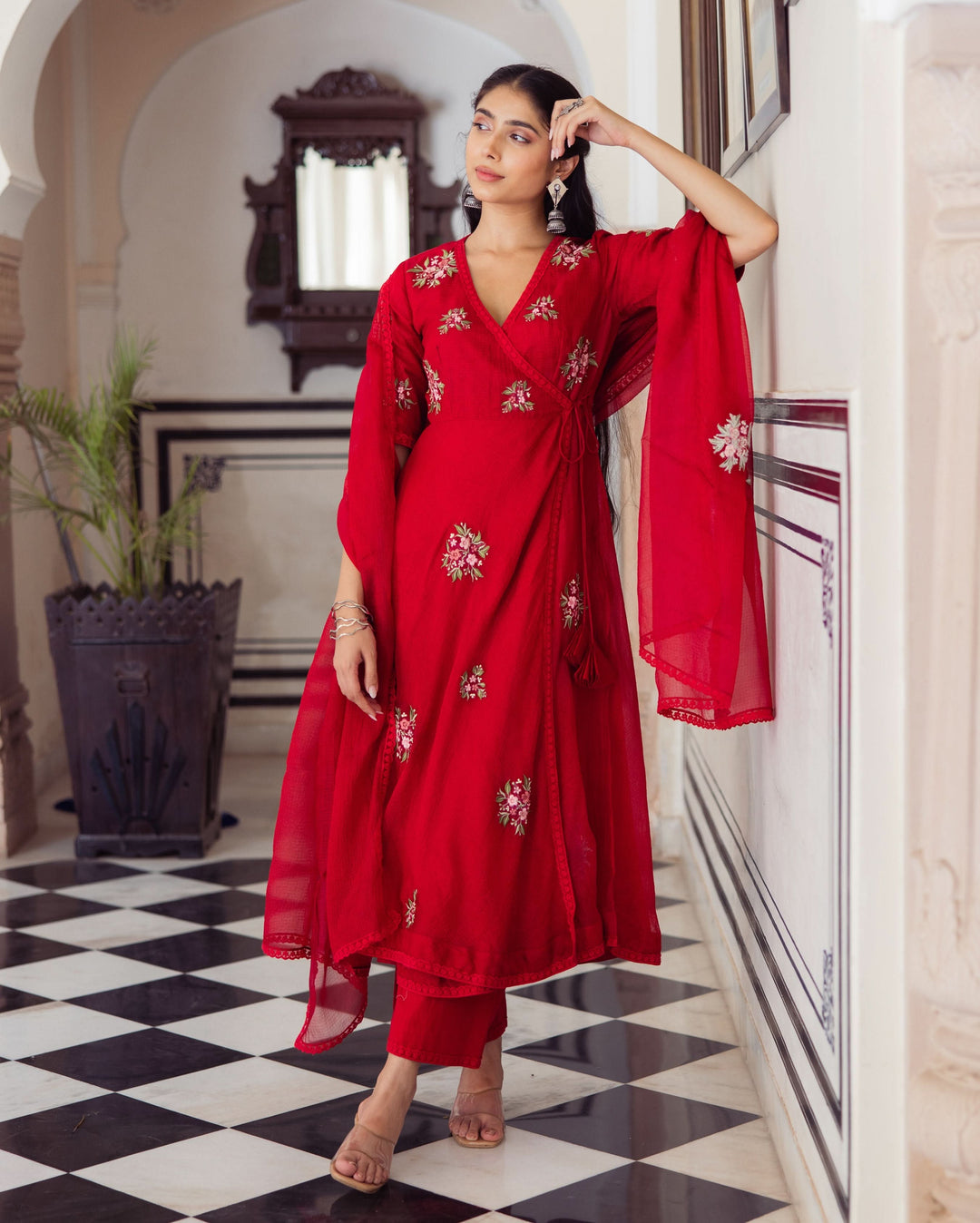 Shop Ruby Red Embroidered Doria Suit Set for Women Online in India