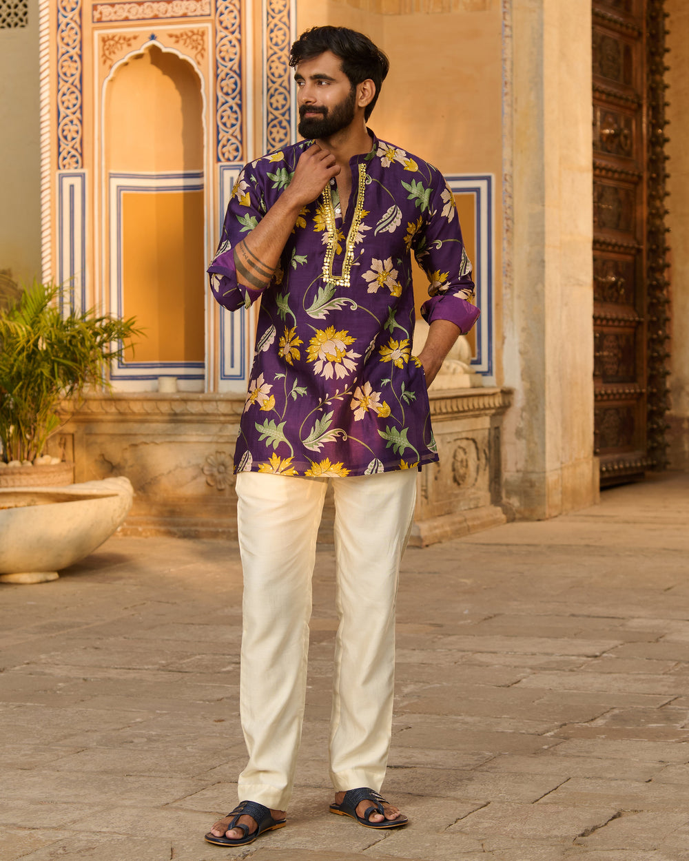 Yuvraj Purple Printed Chanderi Kurta