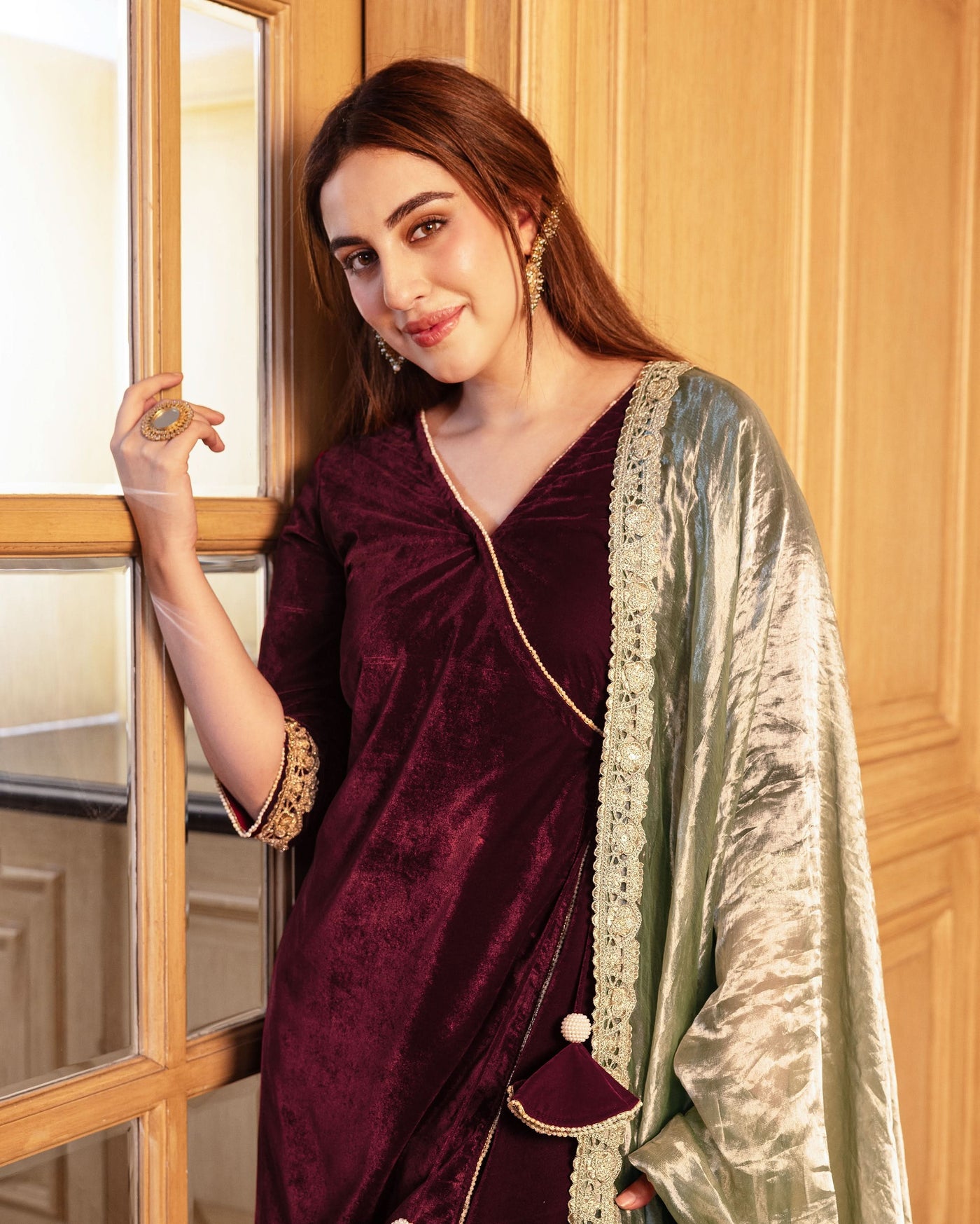 Shop Behana Maroon Solid Velvet Suit Set for Women Online in India