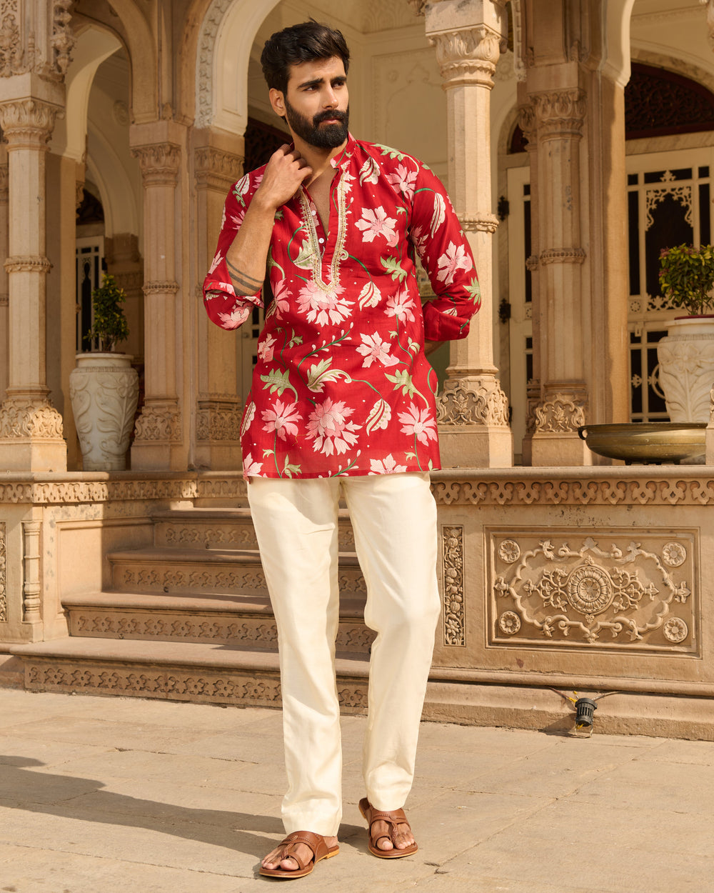 Ekam Red Printed Chanderi Kurta