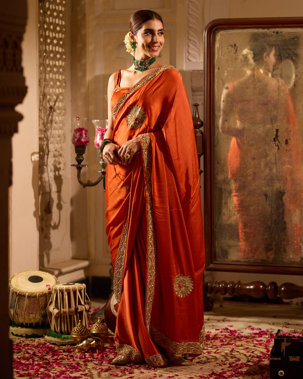 Rooh Rust Orange Handcrafted Satin Saree