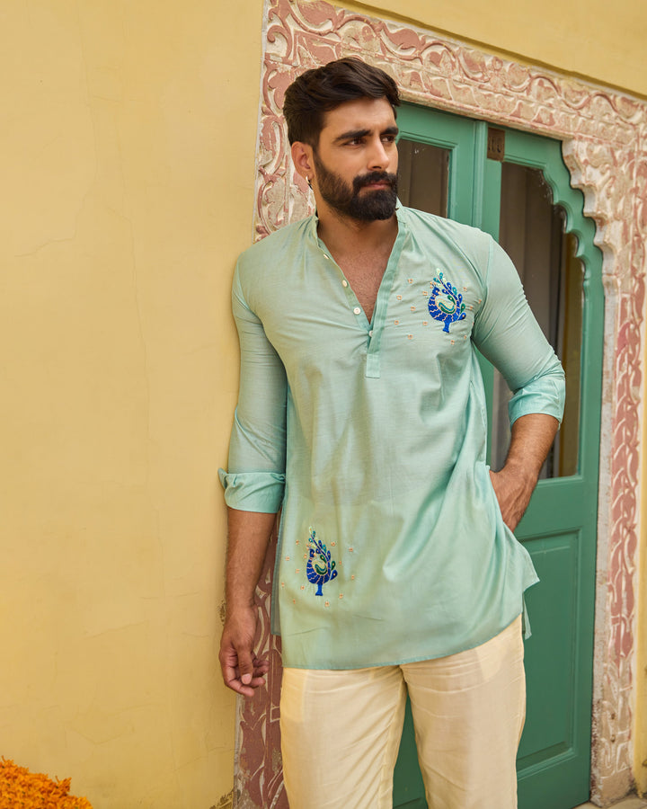 Himant Turquoise Blue Embroidered Chanderi Kurta