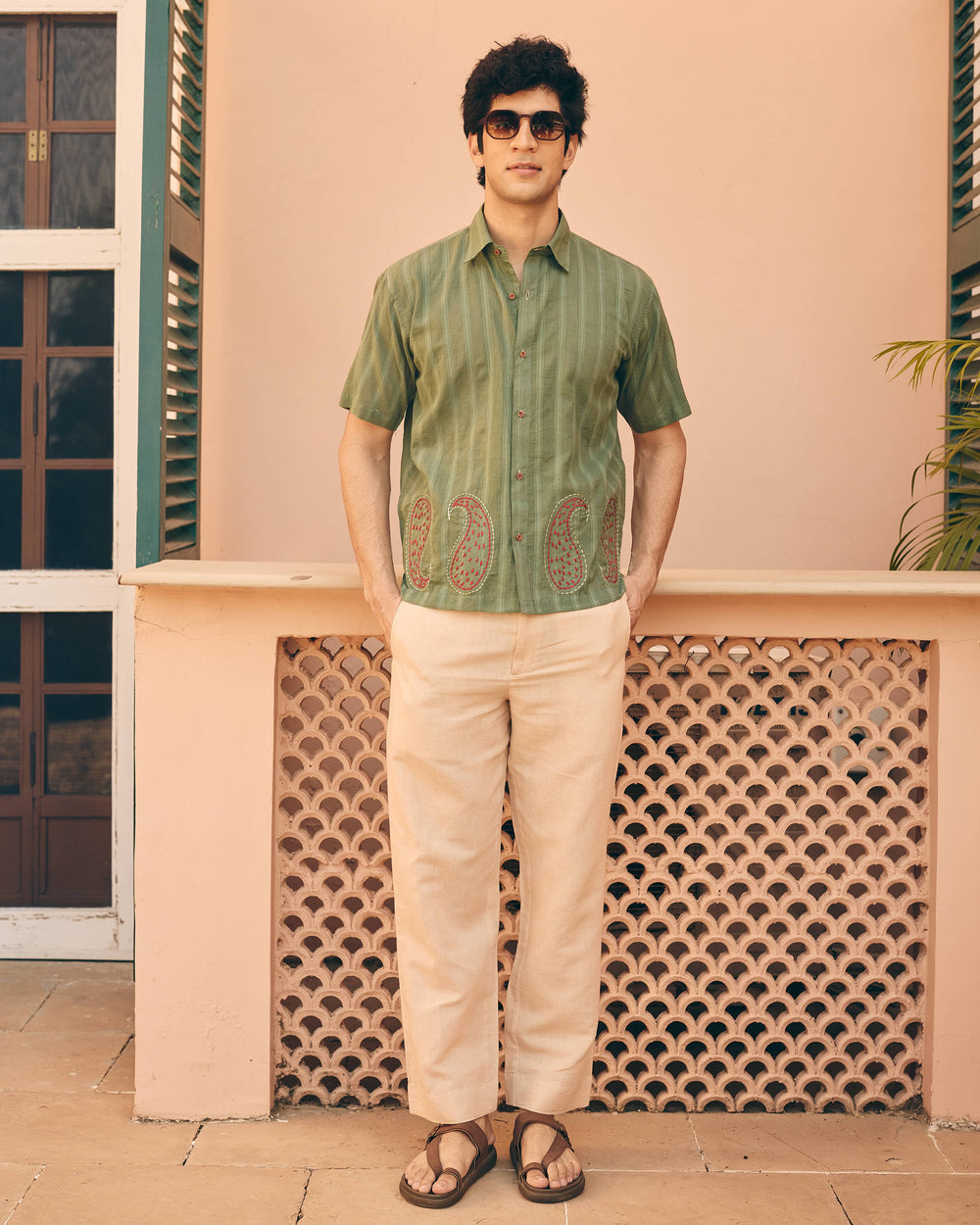 Garo Green Cotton Dobby Embroidered Shirt
