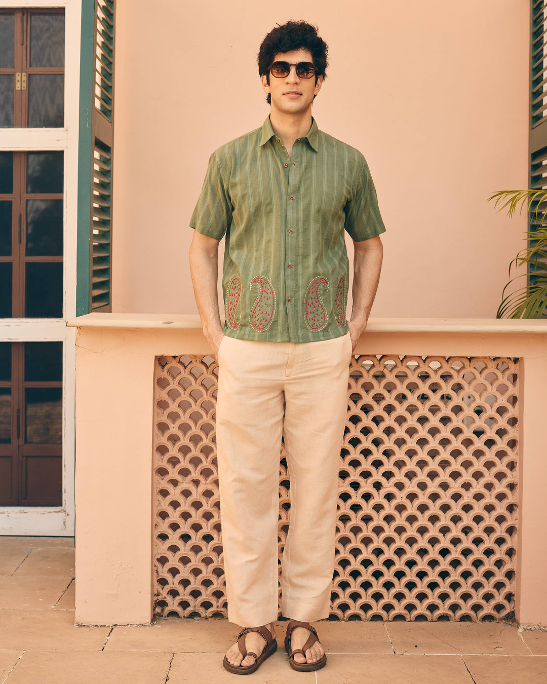 Garo Green Cotton Dobby Embroidered Shirt