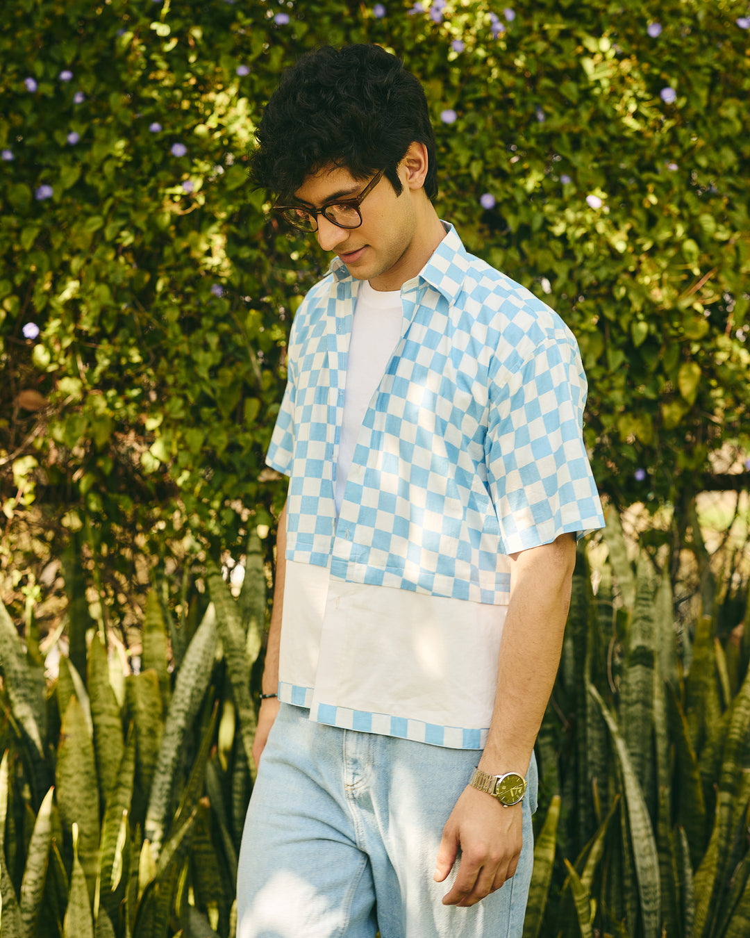 Miro Blue Cotton Checks Printed Shirt