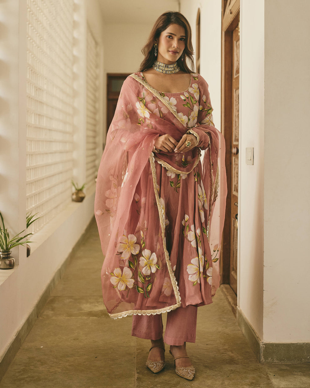 Vamika Mauve Handpainted Viscose Organza Suit Set