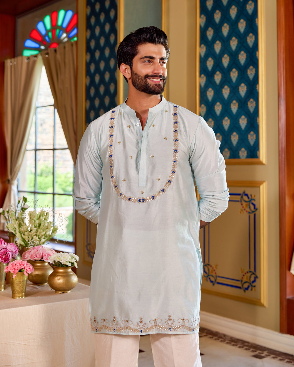 Mangal Blue Chanderi Embroidered Kurta