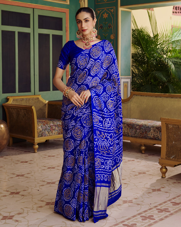 Phuhar Blue Bandhej Silk Saree