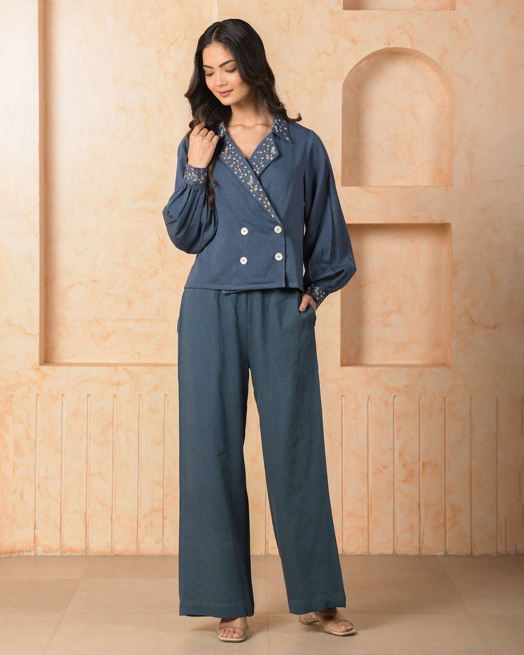 Sandstone Blue Cotton Satin Coord Set
