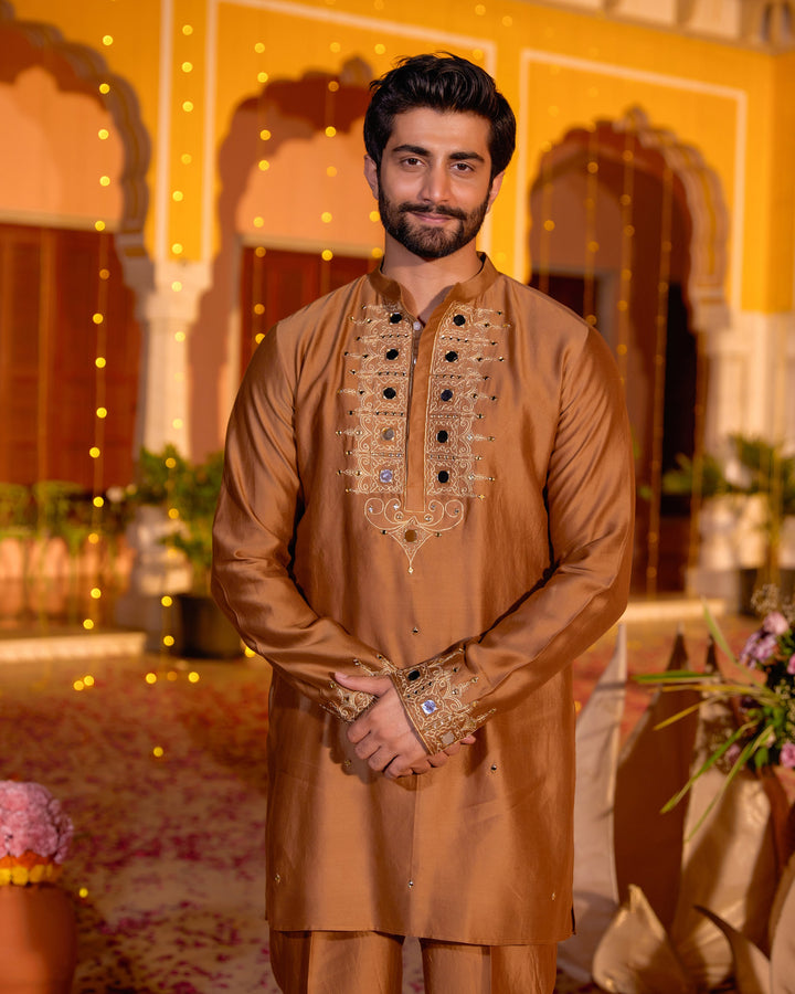 Divakar Brown Chanderi Embroidered Kurta
