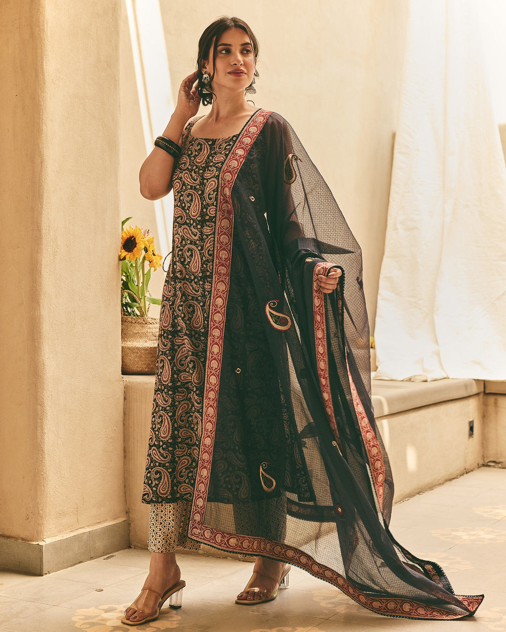 Ivana Black Cotton Printed Suit Set