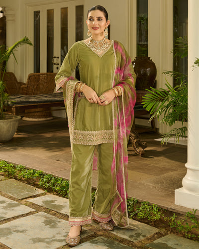 Aja Sage Green Embroidered Velvet Suit Set