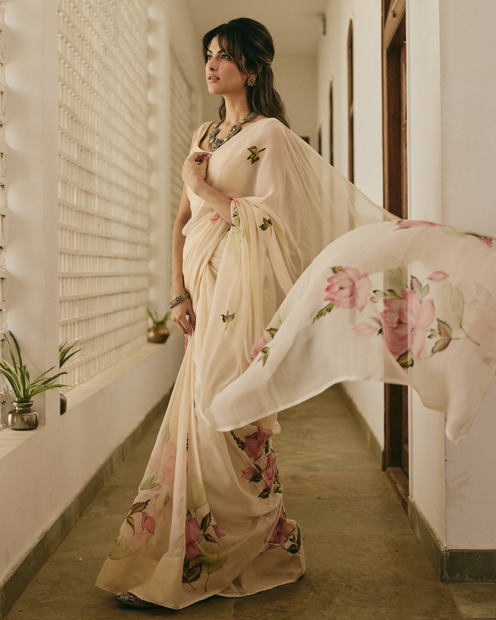 Mallika Peach Handpainted Chiffon Saree