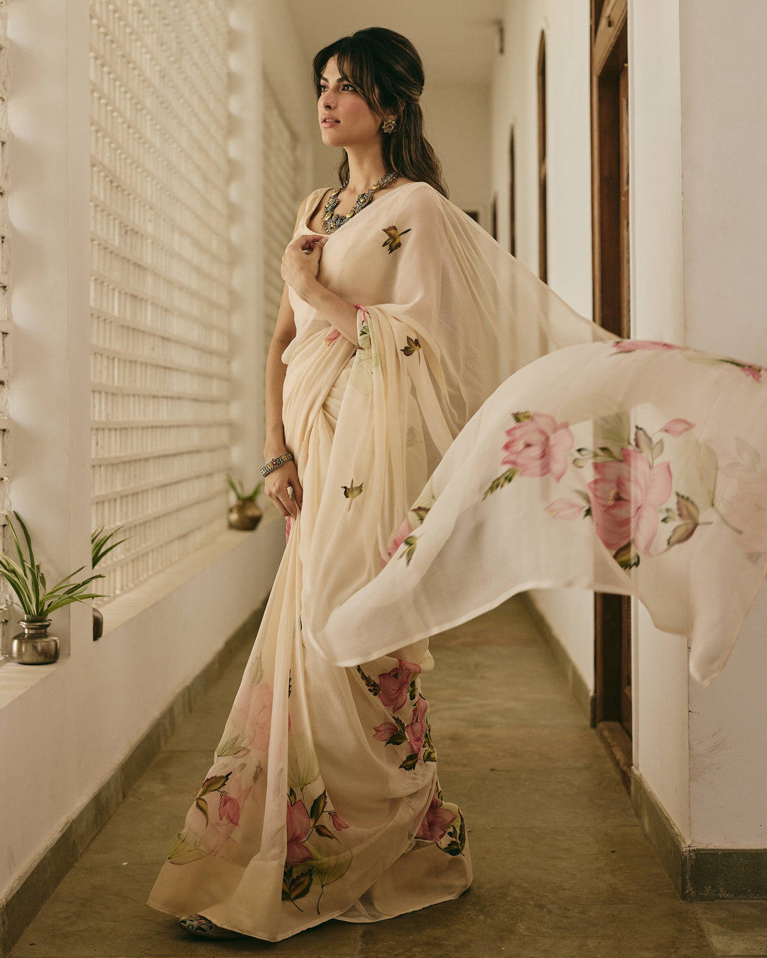 Mallika Peach Handpainted Chiffon Saree