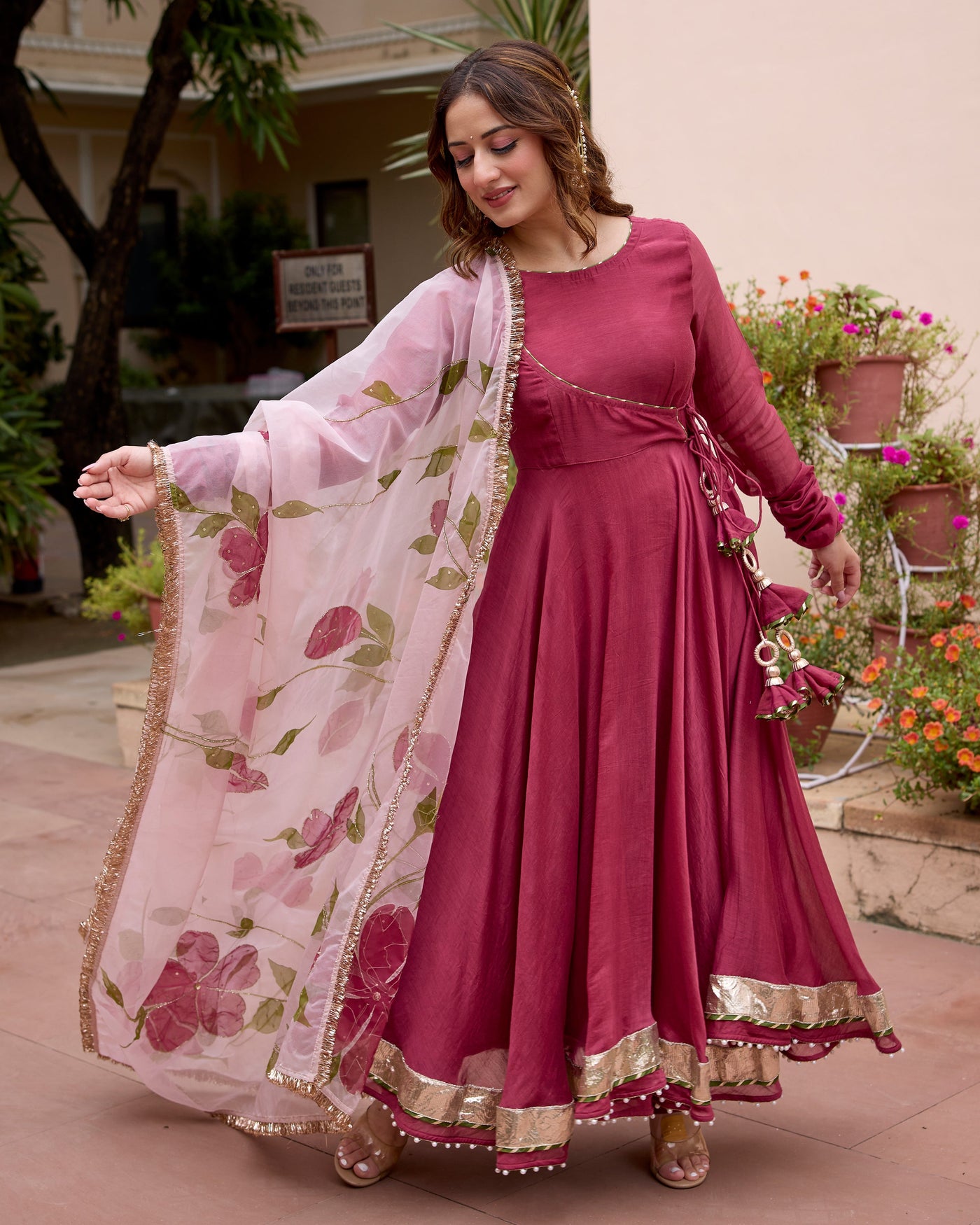 Gulmohar Wine Handpainted Chanderi Suit Set
