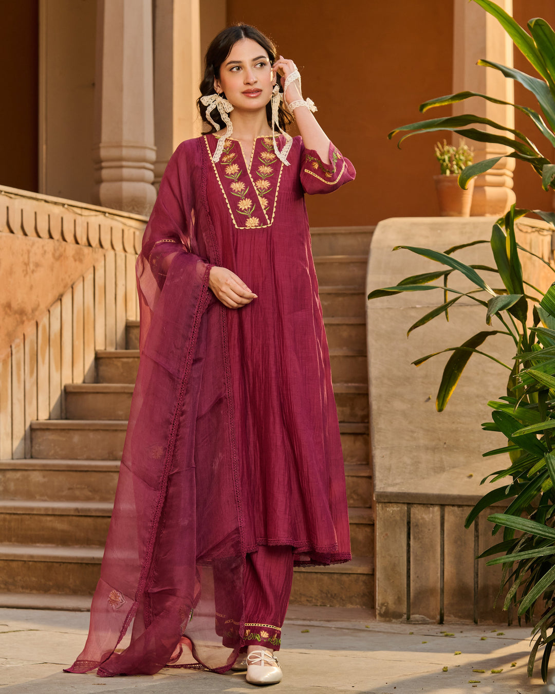 Jugal Wine Embroidered Chanderi Suit Set