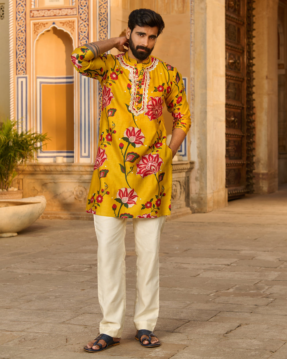 Arjun Mustard Printed Chanderi Kurta