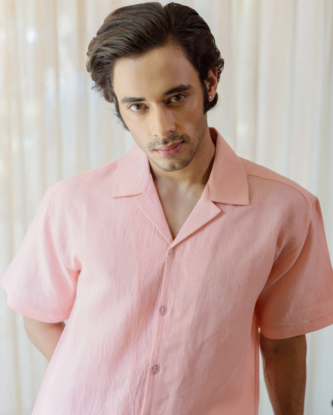 Zevic Almond Peach Cotton Flex Solid Shirt