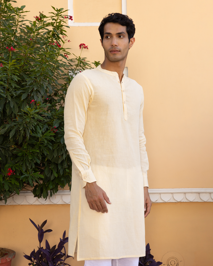 Abhi Cream Solid Cotton Flex Kurta