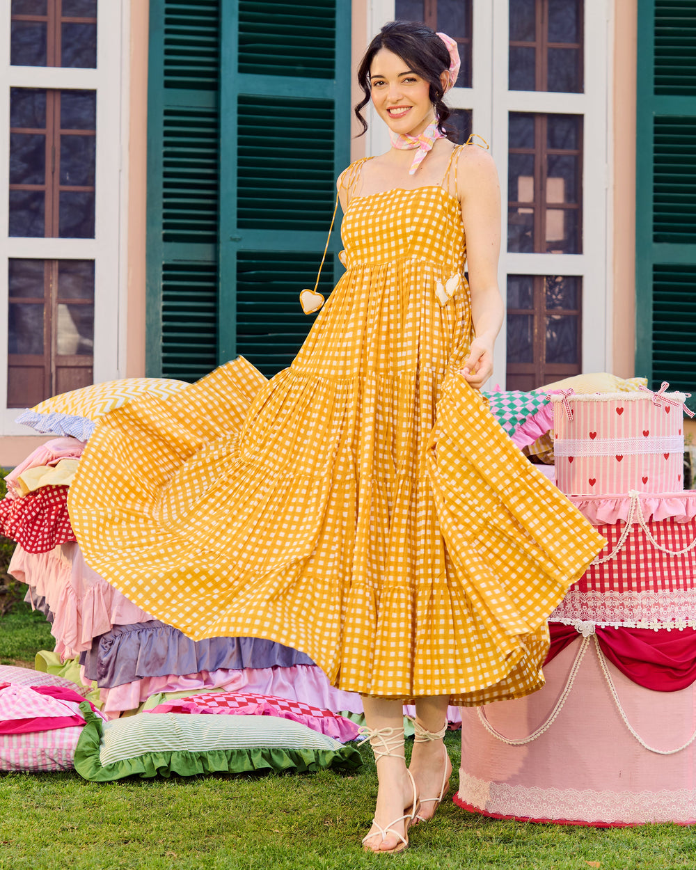 Ulfat Mustard Cotton Checks Printed Dress