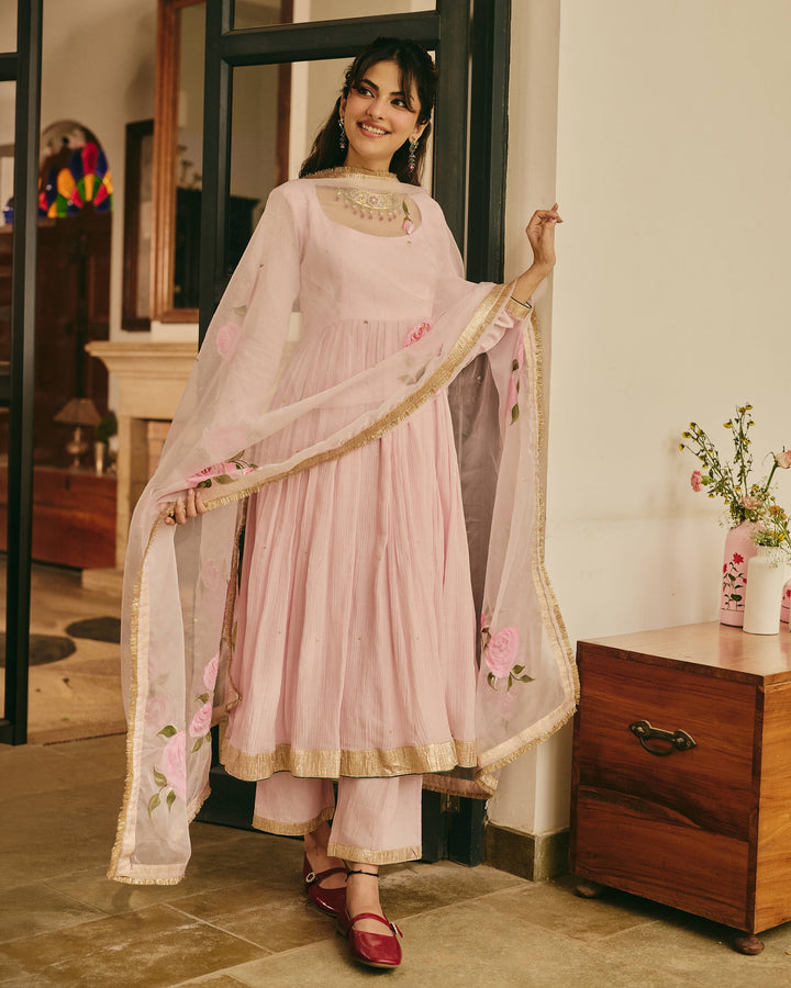 Varnya Pink Handpainted Crushed Cotton Suit Set