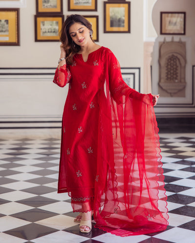 Radhika Red Embroidered Chanderi Suit Set