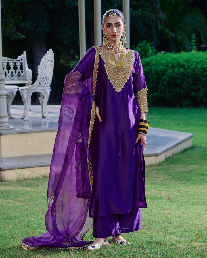 Ambika Purple Embroidered Chanderi Suit Set
