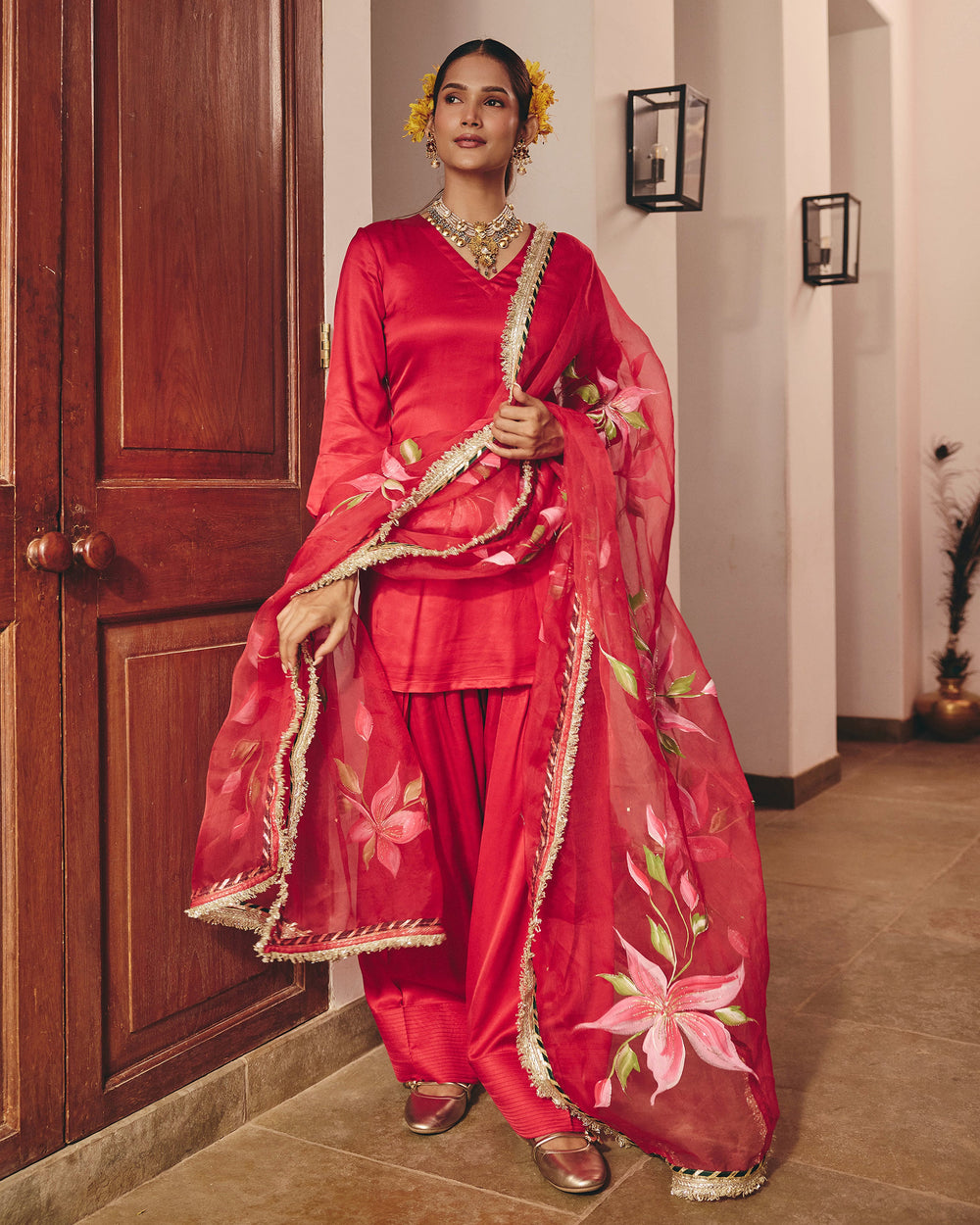 Moon Red Handpainted Satin Farsi Salwar Set