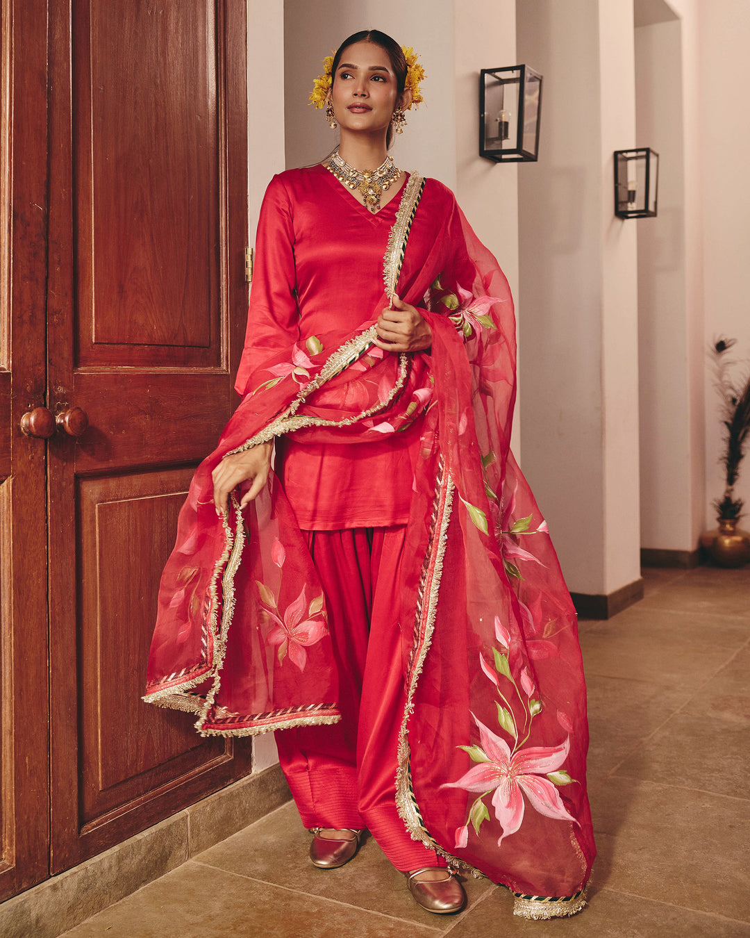 Moon Red Handpainted Satin Farsi Salwar Set