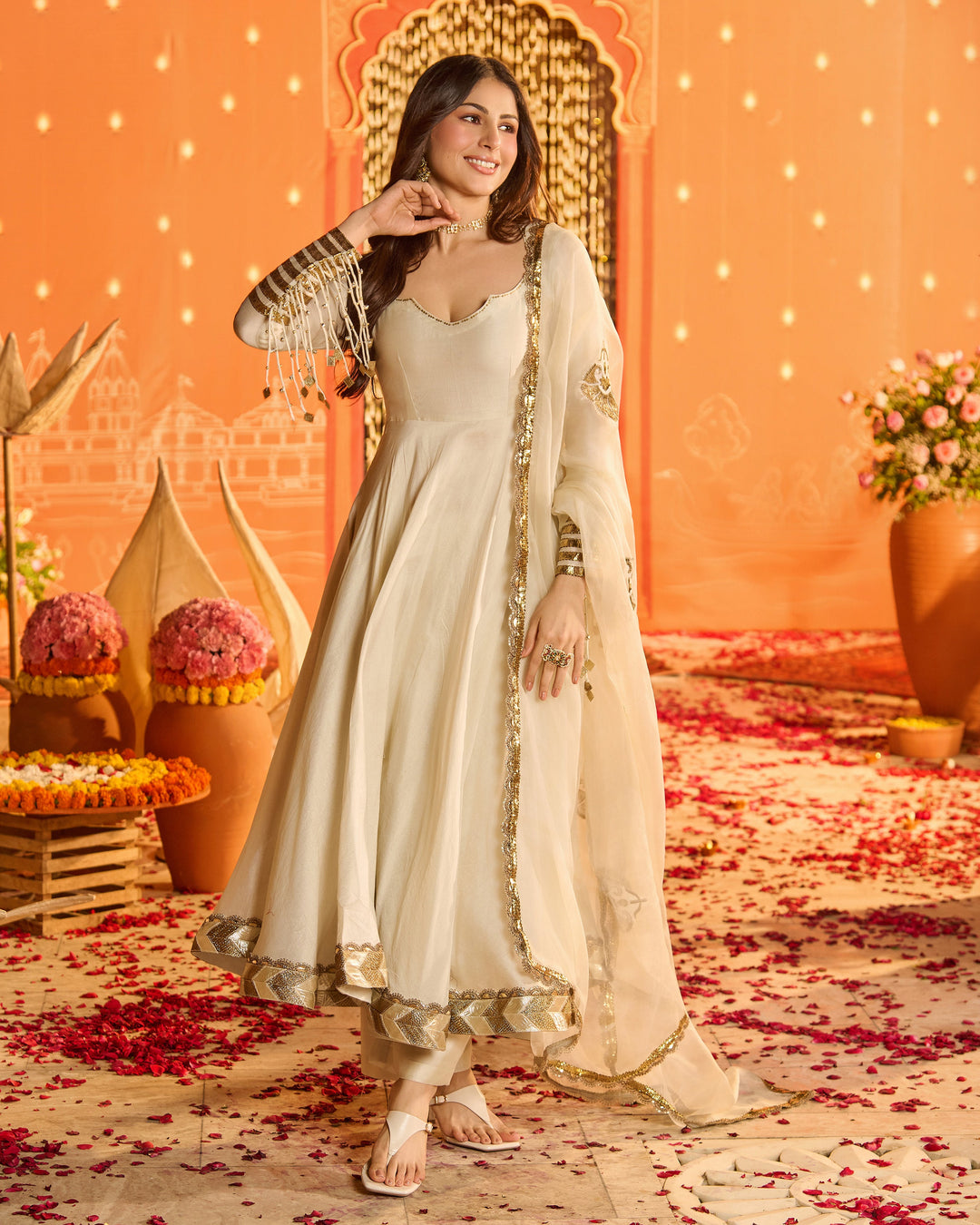 Devika Greyish Off White Embroidered Chanderi Suit Set