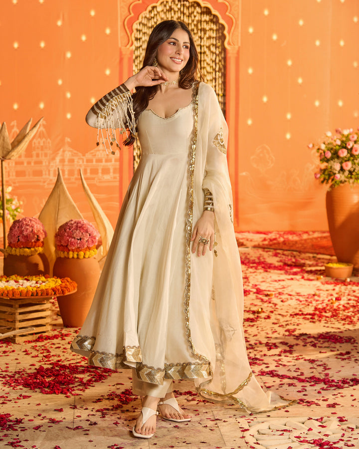 Devika Greyish Off White Embroidered Chanderi Suit Set