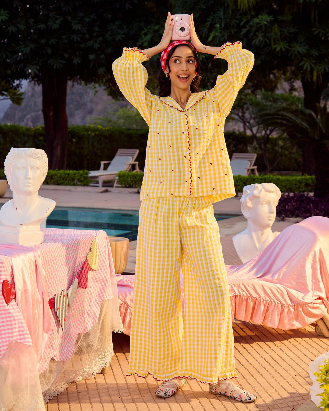Bianca Yellow Embroidered Cotton Checks Loungewear
