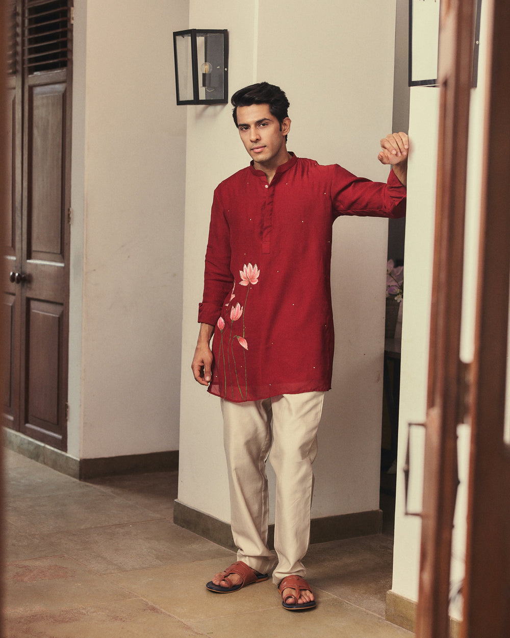 Kaevan Maroon Handpainted Tabby Checks Kurta