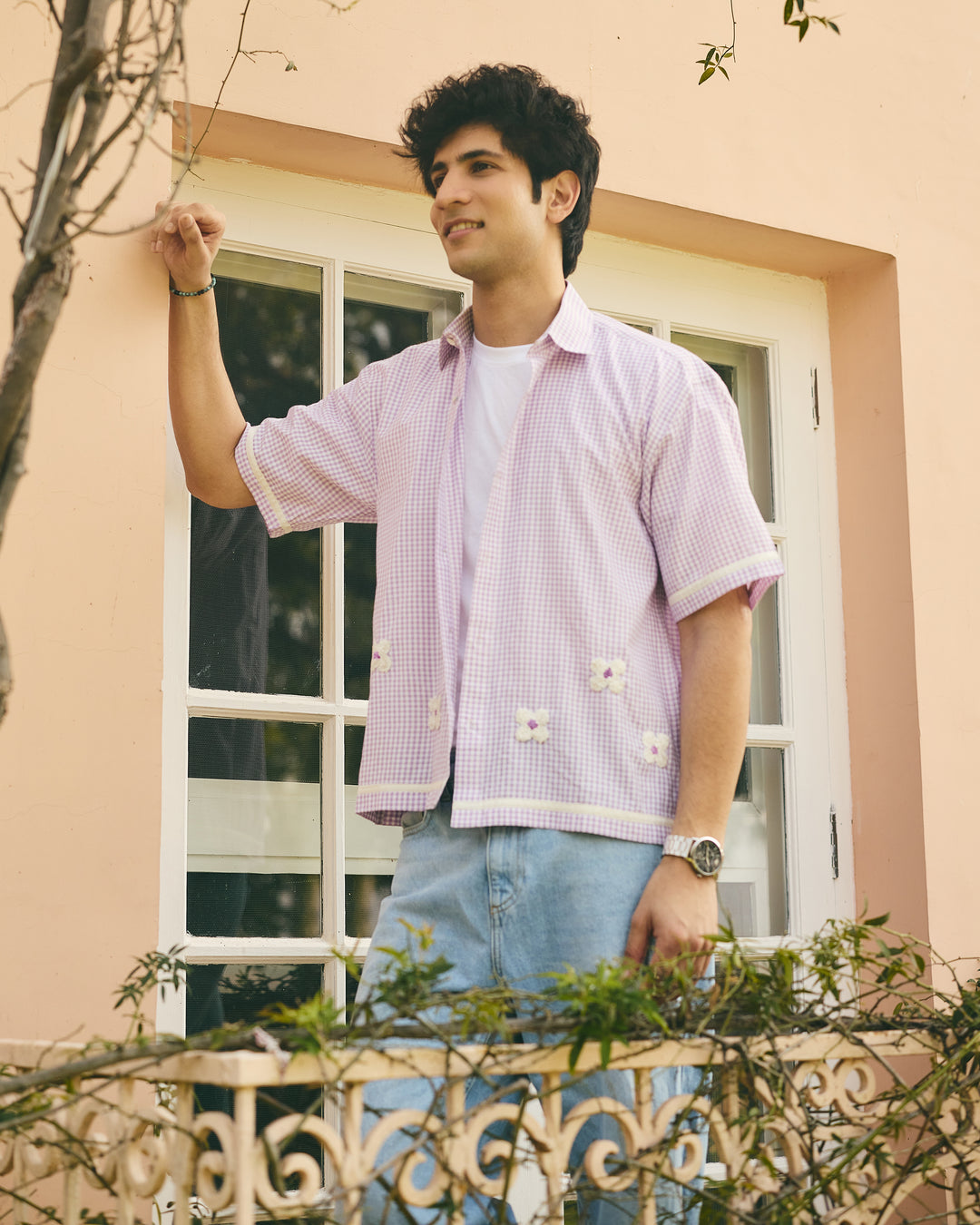 Kael Purple Embroidered Cotton Checks Printed Shirt