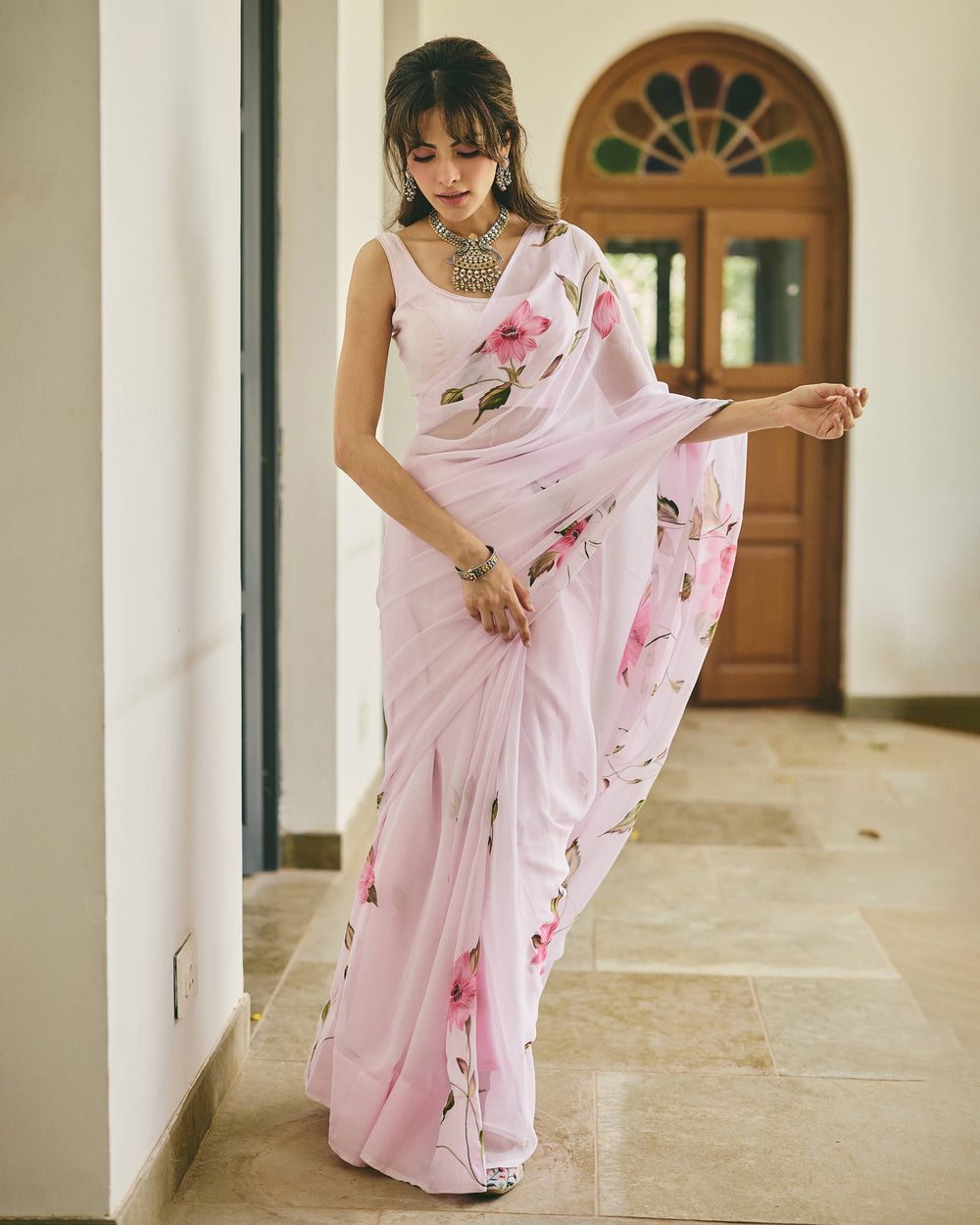 Vine Pink Handpainted Chiffon Saree