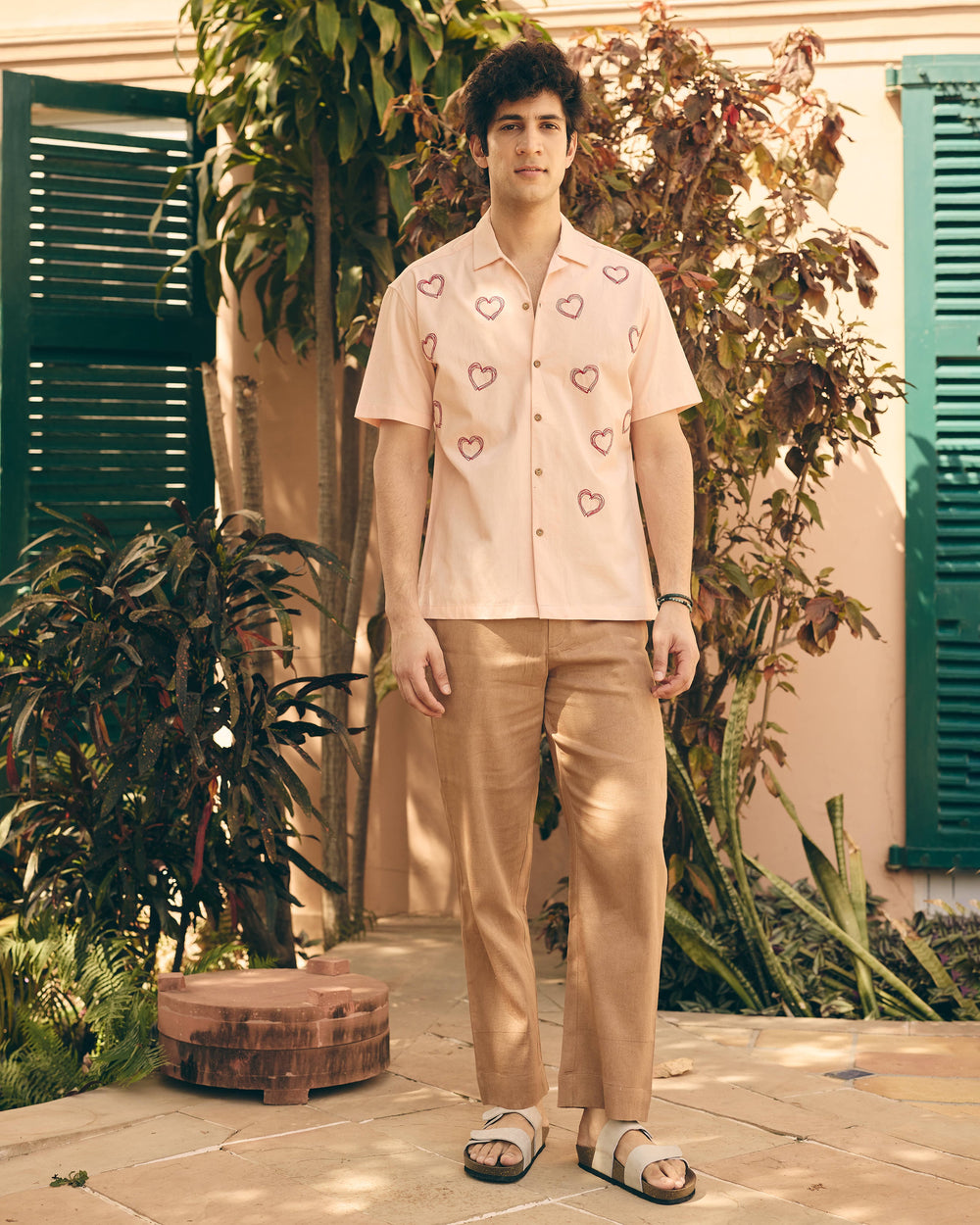 Pexo Peach Cotton Embroidered Printed Shirt