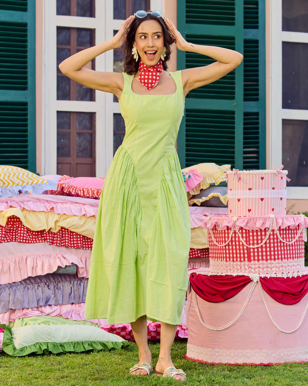 Elloise Lime Green Cotton Checks Dress