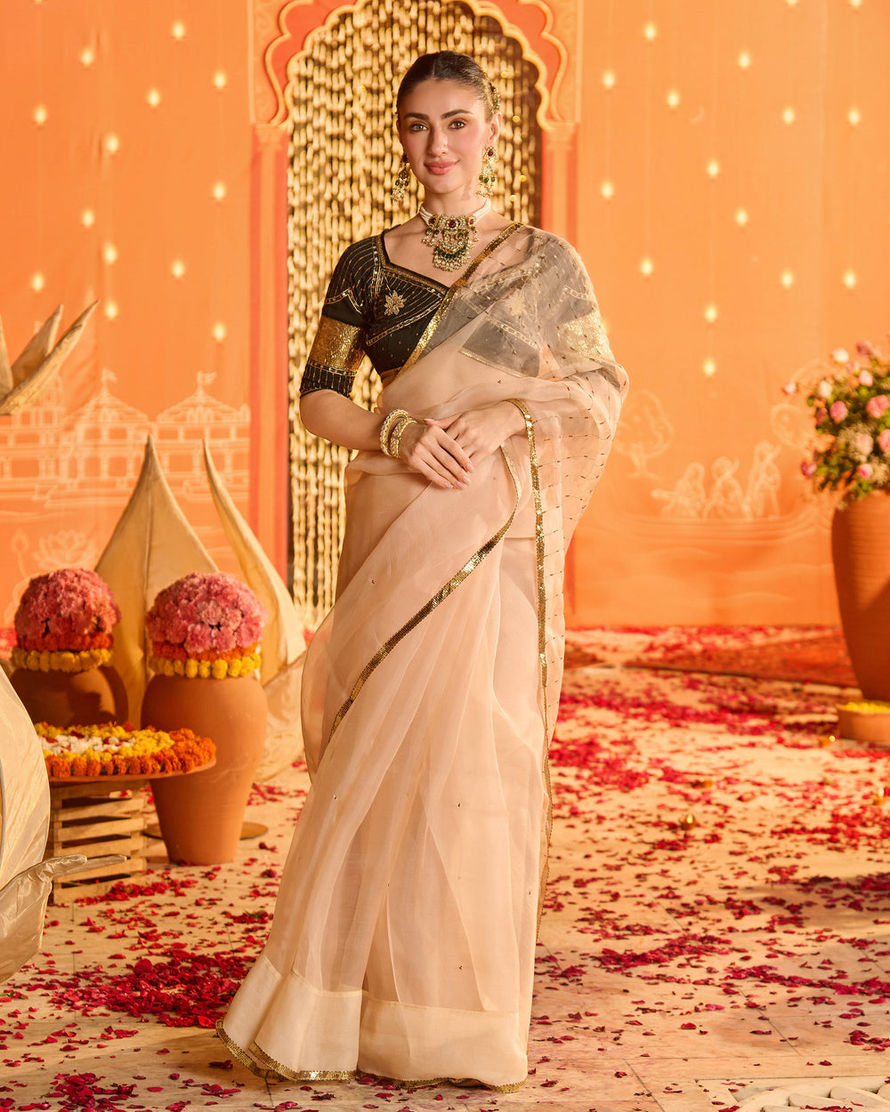 Amaira Black Embroidered Satin Aangi Blouse And Saree