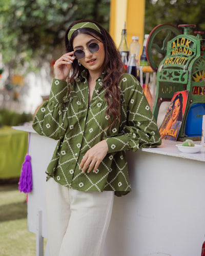 Lama Green Bandhani Cotton Shirt