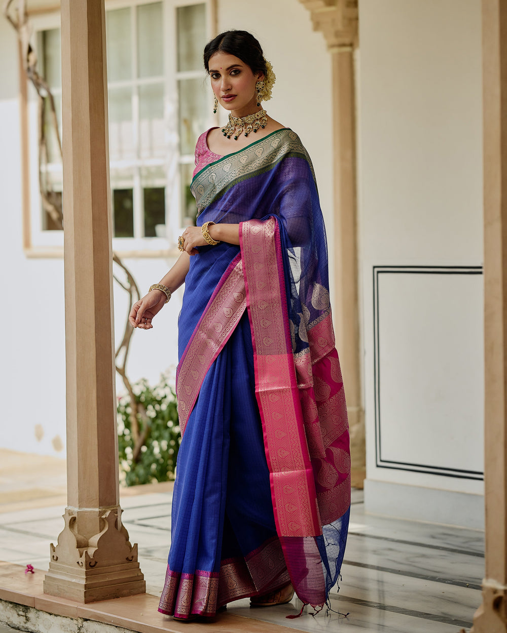 Regal Blue Pink Doria Butta Border Saree