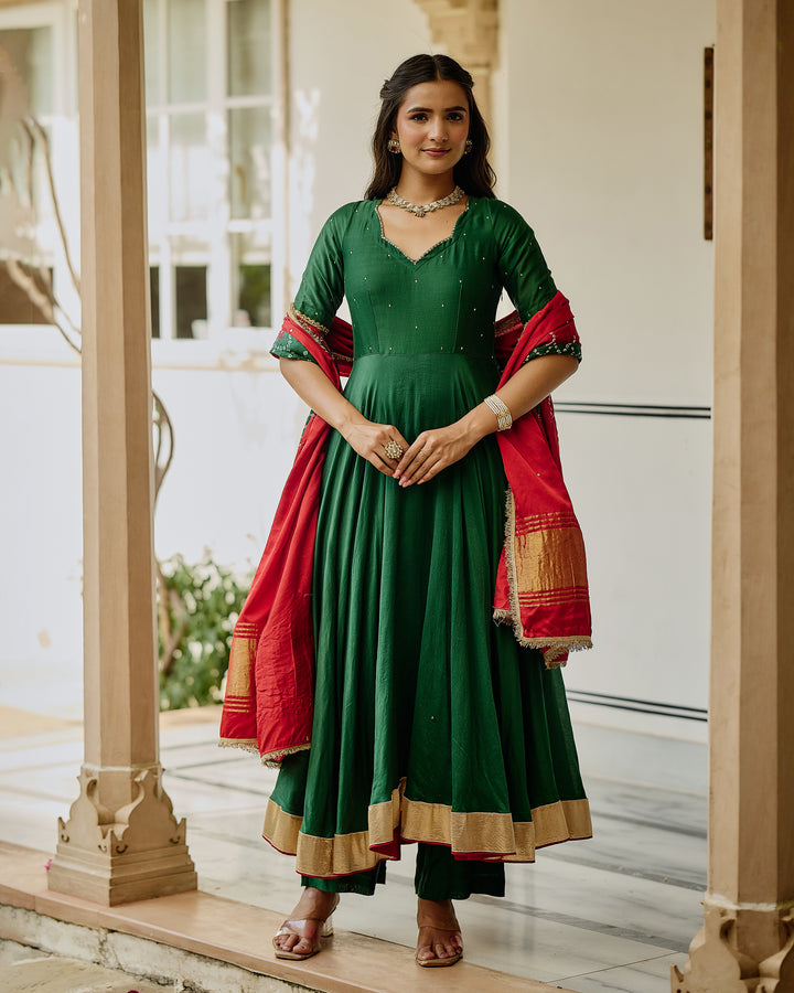Soma Green Embroidered Chanderi Suit Set