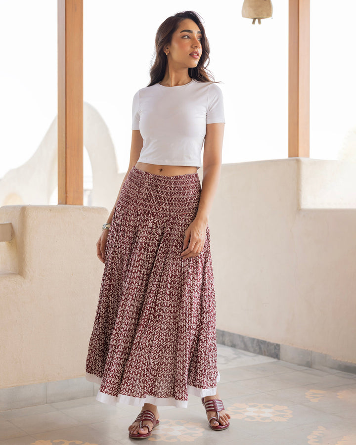 Elanvi Maroon Printed Cotton Skirt