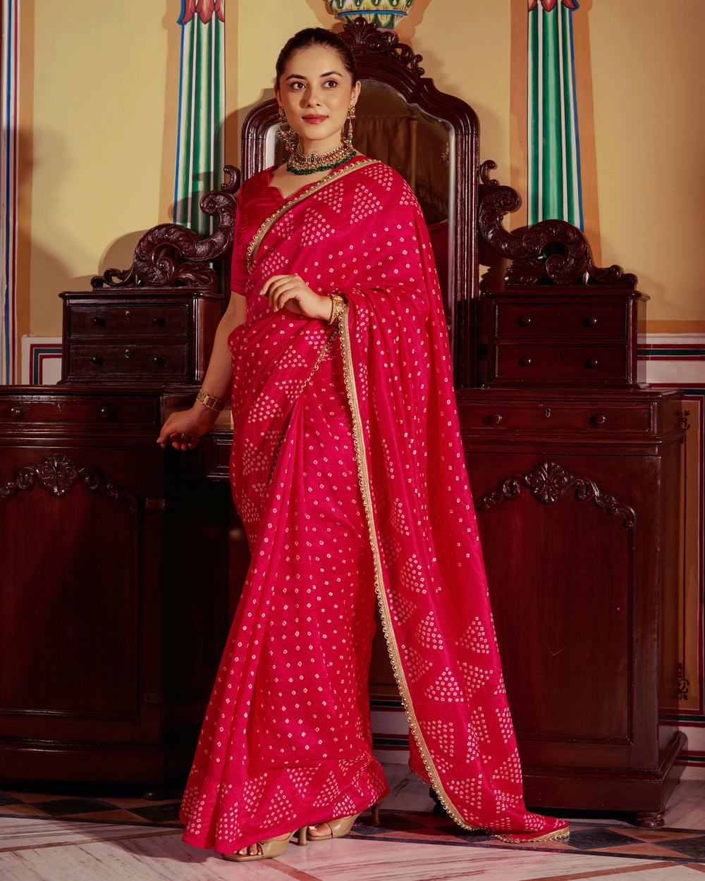 Rangika Pink Bandhej Silk Saree