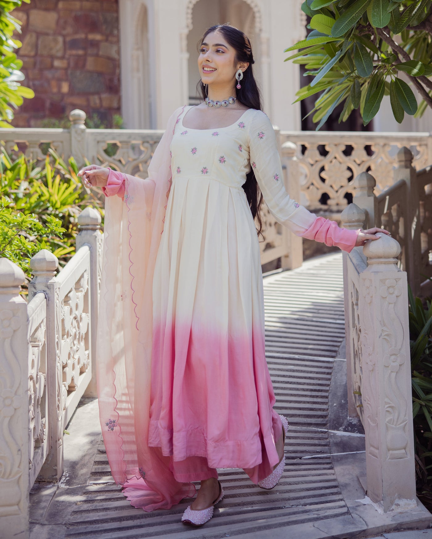 Giggly Rose Pink Ombre Embroidered Muslin Suit Set