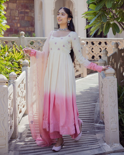 Giggly Rose Pink Ombre Embroidered Muslin Suit Set