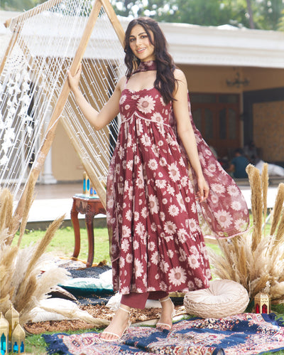Prisha Brown Printed Cotton Suit Set