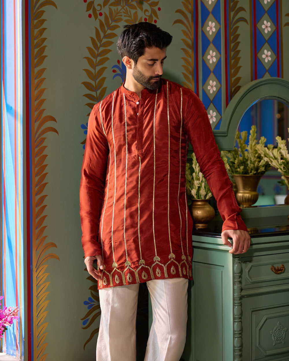 Kaushik Rust Orange Silk Embroidered Kurta